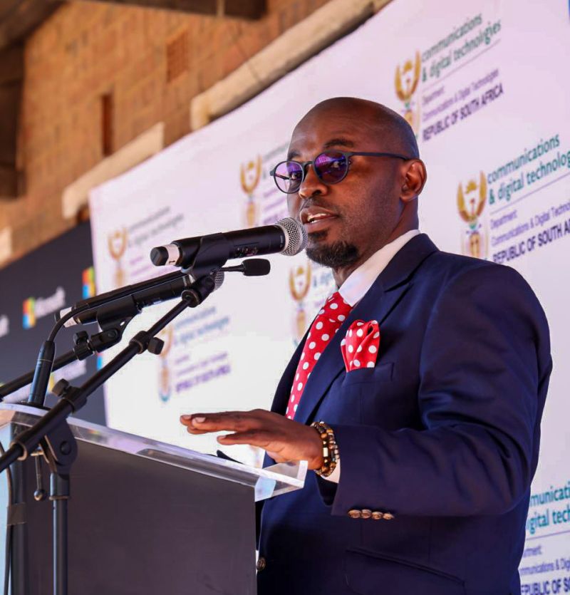 Minister Solly Malatsi at the podium with Microsoft and DCDT banners during the lab launch.