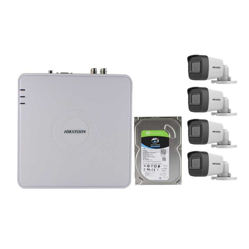 Hikvision 4-channel HD-TVI DVR CCTV upgrade kit with four bullet cameras and surveillance drive